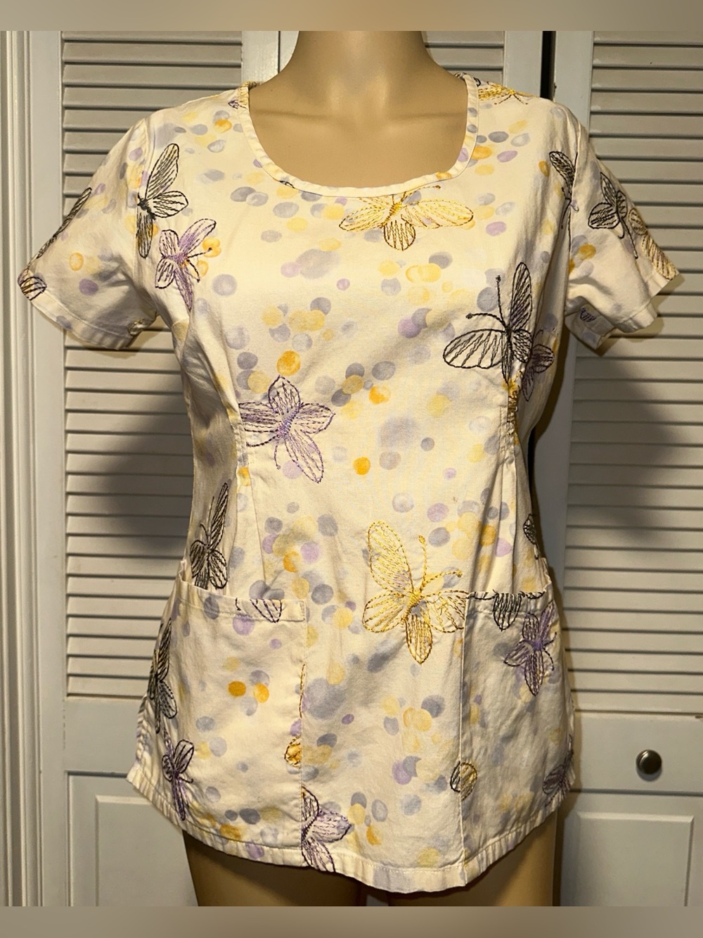 Cherokee Runway Nurse Scrub Top Yellow Butterflies Medical Uniform XS